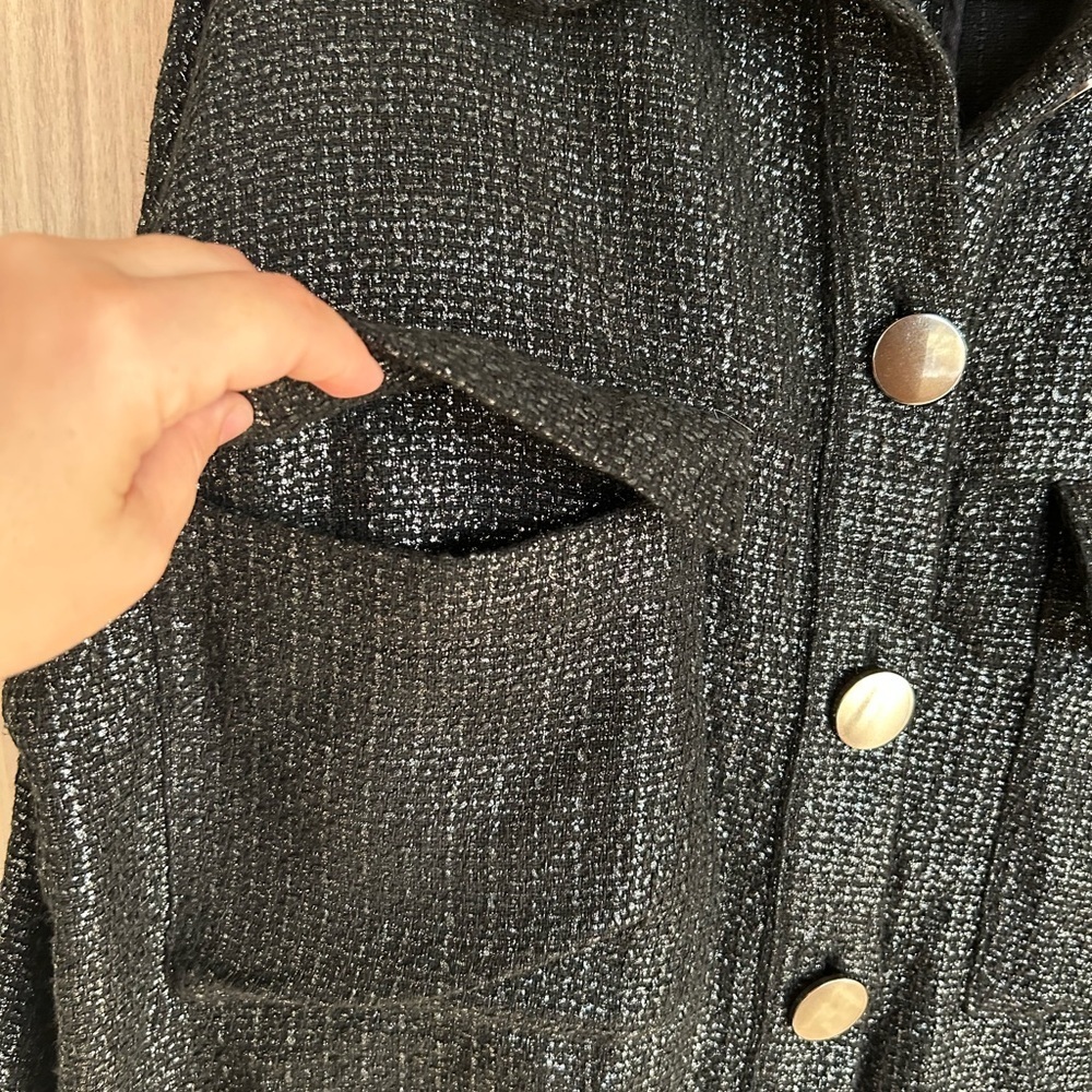 Zara  metallic tweed metal buttons Oversized black Womens jacket Medium Large - Picture 7 of 9